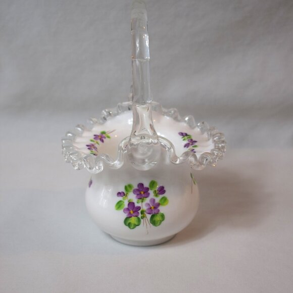 Vintage Fenton Silver Crest Milk Glass Basket Hand Painted  Violets In The Snow - Picture 4 of 7